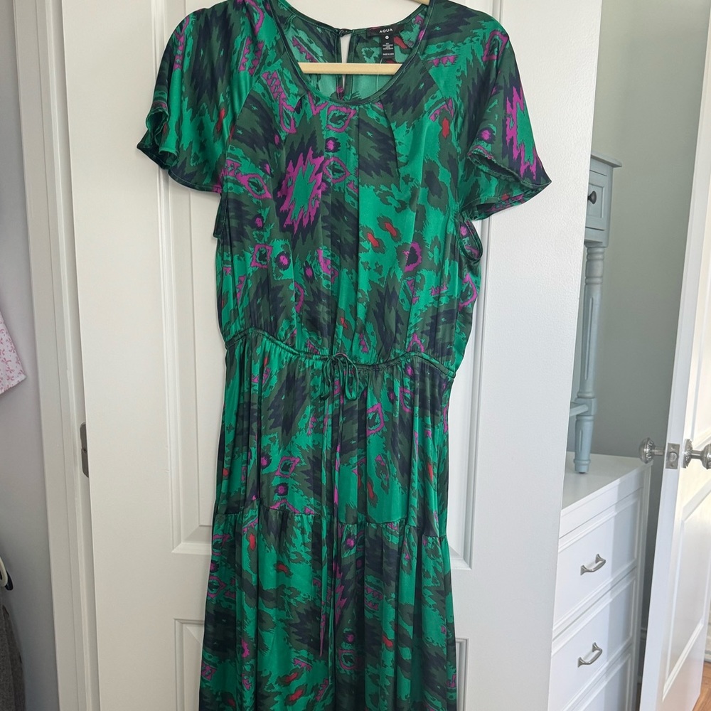 AQUA formal long satin dress green and pink